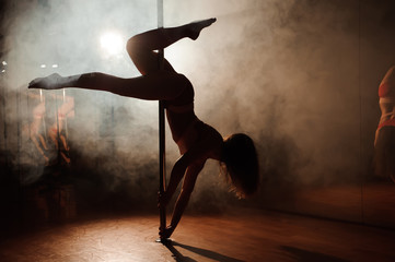 Fototapeta na wymiar young hot woman in sexy lingerie performs sensual pole dance. Go-go dancer