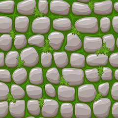 Gray old stone on grass texture, cartoon seamless background