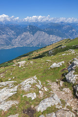 Breathtaking panoramic view to the largest Europe mountain Garda Lake opens from slope of mount  Monte Baldo, Riva del Garda, Italy