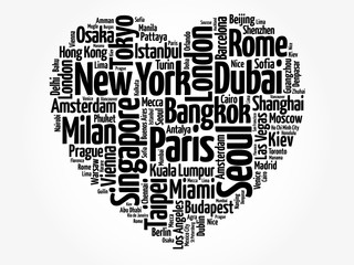 Top 100 International Tourist Destination Cities composed in love sign heart shape, word cloud collage, business and travel concept background