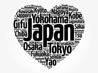 List of cities and towns in Japan composed in love sign heart shape, word cloud collage, business and travel concept background