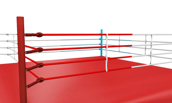 A 3D render of a modern boxing ring with opposing blue and red corners on an isolated white studio background