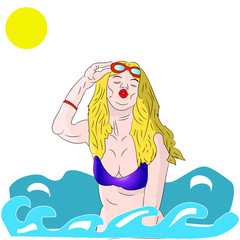 Sexy woman in a blue bathing suit on the sea, on a white background.