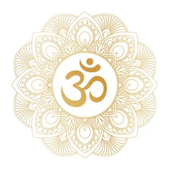 Golden Aum Om Ohm symbol in decorative round mandala ornament, perfect for t- shirt prints, posters, textile design, typography goods.