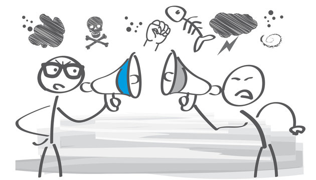 Konfrontation - zwei Strichm&auml;nnchen streiten miteinander