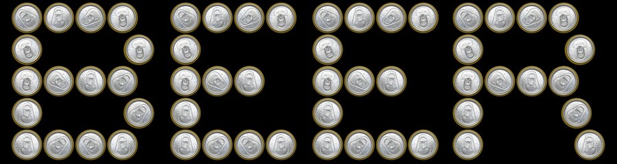 Word BEER composed with cold wet can lids and tabs