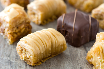 Turkish dessert baklava on wooden table
