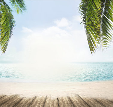 summer beach and ocean horizon with tropical palm leaves 3d rendering