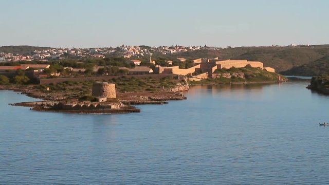 Defensive works on entrance to fjord. Mahon, Minorca, Spain