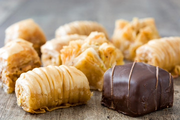 Turkish dessert baklava on wooden table
