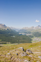 Fototapeta na wymiar St. Moritz, Dorf, Engadin, Oberengadin, Seenplatte, Muottas Muragl, Wanderweg, Bergbahn, Alpen, Sommer, Graubünden, Schweiz