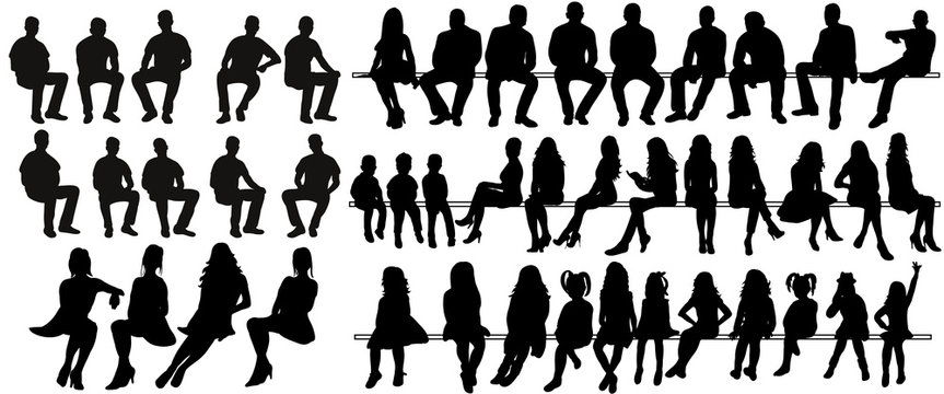 Vector, isolated silhouette of sitting people, large collection, sitting man and girl