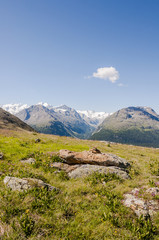 Fototapeta premium St. Moritz, Engadin, Oberengadin, Alpen, Muottas Muragl, Val Roseg, Val Bernina, Bernina, Piz Bernina, Rosatschgruppe, Alpen, Graubünden, Sommer, Schweiz