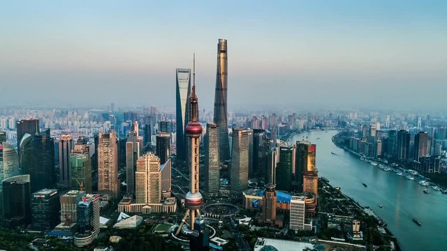  Aerial view of the skyline and downtown of Shanghai, China
