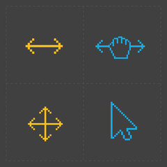 Pixel colorful cursors icons on black. Vector Illustration.