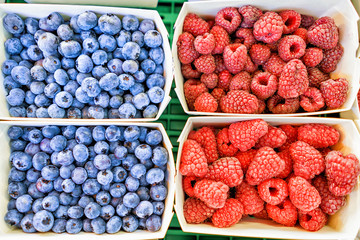 Closeup of fresh raspberry and blueberry