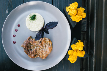 tasty food, luxury food, expensive restaurant, plate on the table