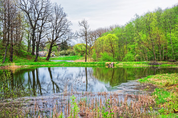 Fototapeta na wymiar Pond at Traku Voke public park in Vilnius Baltic