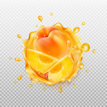 Peach juice. Realistic splash of juice with peach and slices peach. Transparent orange water splash. 3d icon. Vector illustration.