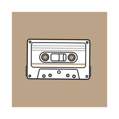 Fototapeta premium Old fashioned, retro audio cassette from 90s, sketch vector illustration isolated on brown background. Front view of hand drawn audio cassette, tape with empty label sticker, retro object from 90s
