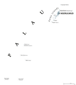 Palau political map with capital Ngerulmud. Republic and island country in the Pacific Ocean. Part of Caroline Islands in Micronesia. Former Belau or Pelew. Gray illustration. English labeling. Vector