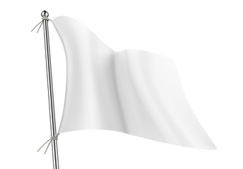 White blank empty flag on flagpole flying in the wind isolated on white for mock up and template, 3d render illustration