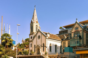 Fototapeta na wymiar Church at Geneva Lake Montreux Swiss Riviera