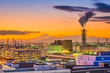 Fotobehang Kawasaki, Japan factories and Mt. Fuji. © SeanPavonePhoto