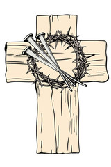 A holy cross and a crown of thorns with the nails of Jesus Chris