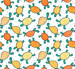 Seamless  pattern with cartoon turtles. Vector hand drawn child design for fabric or wrap paper.