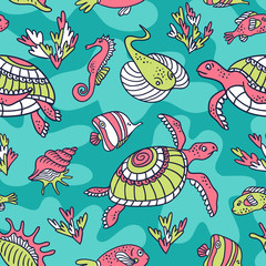 Vector seamless pattern with  ocean turtles, fish and inhabitants of the underwater world. Blue ethnic hand drawn fabric design.