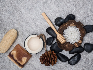 Aromatherapy  product  Spa set ,candle ,soap,coconut,  massage with white  wood background. top view,flat lay composition.