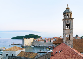 Fototapeta premium Dominican church belfry and Adriatic Sea Dubrovnik evening Croatia