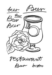 Beer glass with rose. Hand drawn vector illustration.