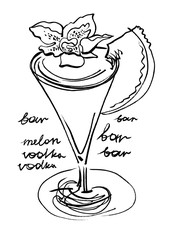 Cocktail with melon and orchid flower. Hand drawn vector illustration.