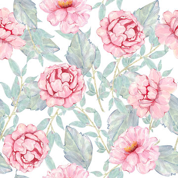 Watercolor seamless pattern hand painted with flower pink peony, leaves isolated on white background