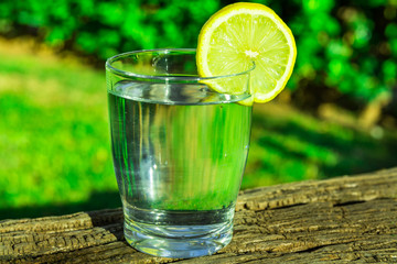 Glass of pure water with lemon wedge circle on wood log, green grass plants in the background, outdoors, bright sunlight, health, hydration, detox, cleansing