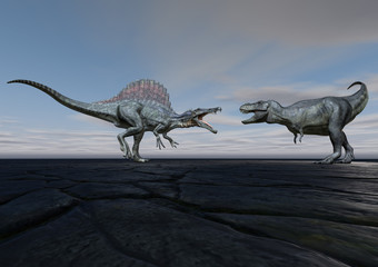 Spinosaurus gegen T-Rex, 3D-Rendering