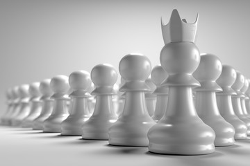3D rendering close up front view of pawn chess with leader in front of them in white background wallpaper