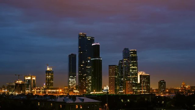 Moscow International Business Center. Moscow City from day to night. Skyline