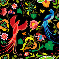Folk pattern birds, flowers, leaf and grape branches in vintage style,isolated on black background. Hand drawn vector illustration suite with ethnic peacocks and flowers, separated editable elements