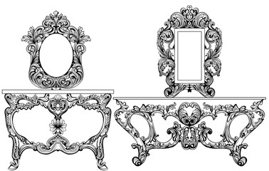 Naklejka premium Exquisite Baroque dressing table engraved. Vector French Luxury rich intricate ornamented structure. Victorian Royal Style decor
