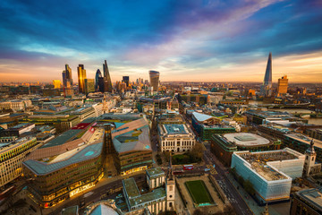 London, England - Panoramic kyline view of the famous financial bank district of London at golden...