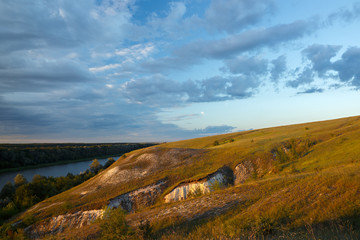 Panoramic view from the hills from the chalk to the valley of the Don River. Photographed in Russia before sunset.
