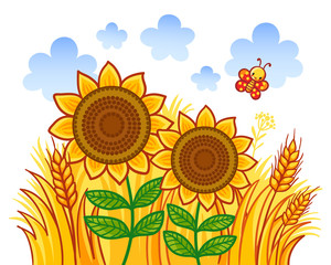 Couple of sunflowers on a background of wheat. Vector illustration in cartoon style.