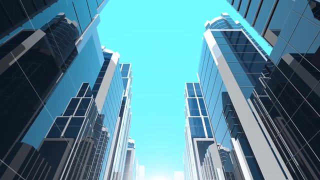 Seamlessly loopable animation of modern corporate skyscrapers with reflective blue windows. Vertical composition in perspective. The camera looks upwards to the sky from a low angle.