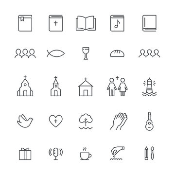 Church and Christian Community Flat Outline Icons. Vector Set