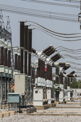 High voltage Circuit breaker and Current transformer in switchyard of Electricity station 230 kV....