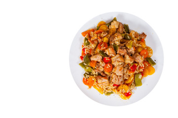 Rice with Vegetables and Meat in a plate. top view. isolated on white
