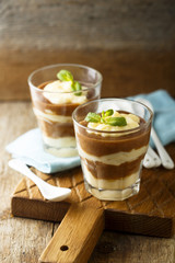 Homemade pudding with vanilla custard, banana and cocoa